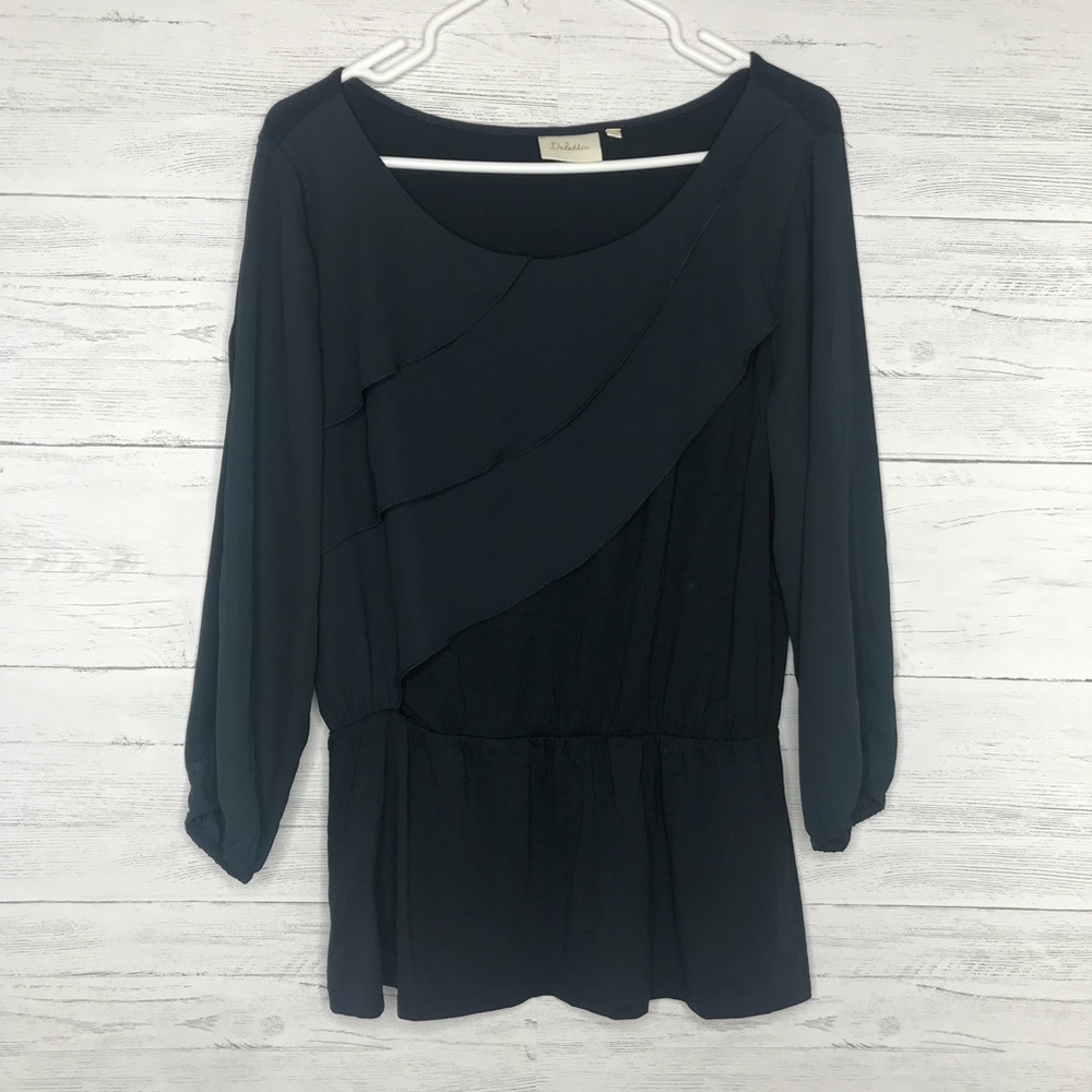 Alee Dark Blue Ruffle Split Long Sleeve Top